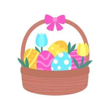 Cute Easter basket with colorful eggs pink bow and tulip flowers isolated o.. Stock Illustration