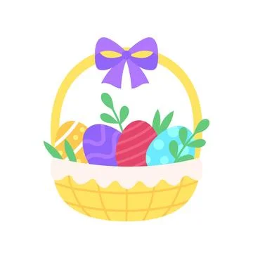 Cute Easter basket with colorful eggs purple bow and green leaves isolated .. 스톡 일러스트