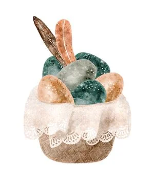 Cute easter basket with eggs and feathers watercolor illustration Stock Illustration