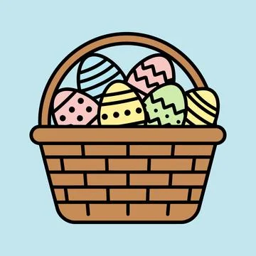 Cute Easter Basket Filled With Colorful Decorated Eggs Clipart イラスト素材