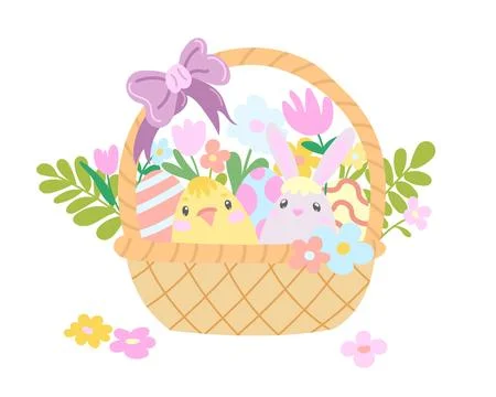 Cute Easter basket filled with pastel eggs, bunny, chick, and spring flowers Stock Illustration