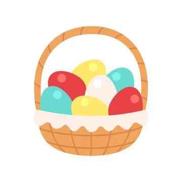 Cute Easter basket full of colorful eggs isolated on white background Stock Illustration