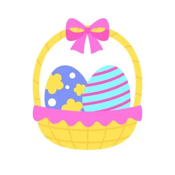 Cute Easter basket with large decorated eggs pink bow on white background Stock Illustration