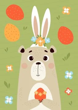 Cute Easter bear with bunny ears, with flowers and Easter eggs. Vector illu.. Illustrazione stock