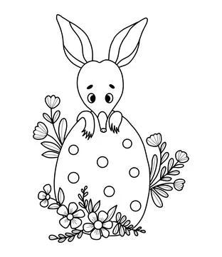Cute Easter bilby with egg and flowers. Australian animal. Linear, outline .. Illustrazione stock