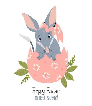 Cute Easter bilby in egg. Australian animal is wild mammal. Easter greeting.. Stock Illustration