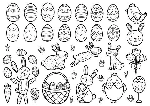 Cute Easter black and white elements collection. Spring funny clipart for kids Stock Illustration