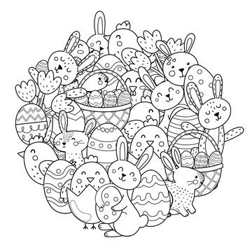 Cute Easter bunnies and chicks circle shape coloring page. Doodle mandala with Stock Illustration