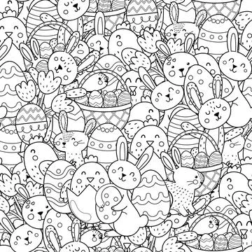 Cute Easter bunnies and chicks black and white seamless pattern Stockillustratie