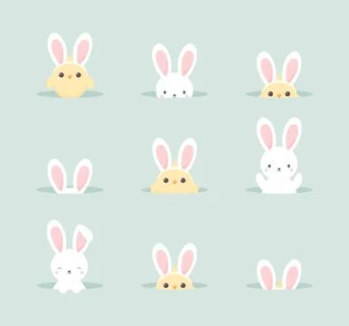 Cute Easter bunnies and chicks with bunny ears peeking out of burrows Stock Illustration