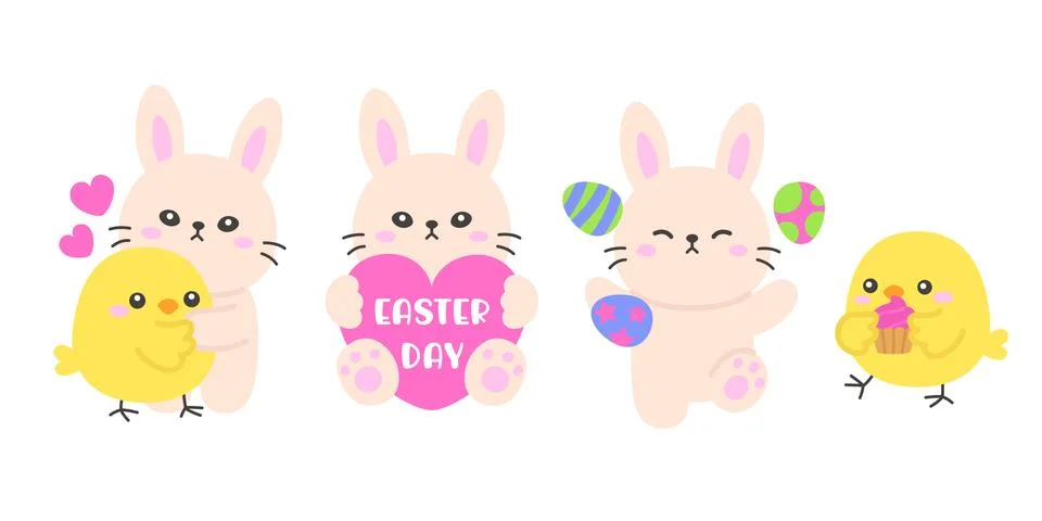 Cute Easter Bunnies and Chicks Holding Decorative Eggs and a Easter Day Sign Illustrazione stock
