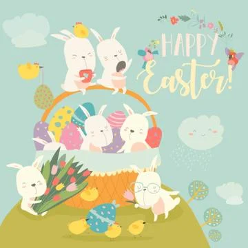 Cute Easter bunnies and easter egg. Happy holidays Stock Illustration