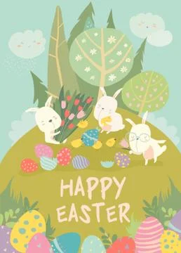 Cute Easter bunnies and easter egg. Happy holidays Stock Illustration