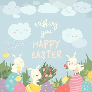 Cute Easter bunnies and easter egg. Happy holidays Stock Illustration