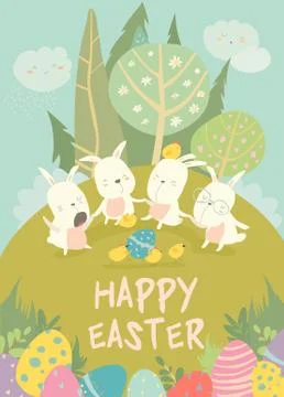 Cute Easter bunnies and easter egg. Happy holidays Stock Illustration