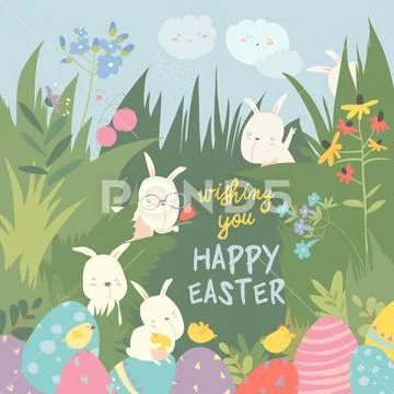 Cute Easter bunnies and easter egg. Happy holidays Stock Illustration