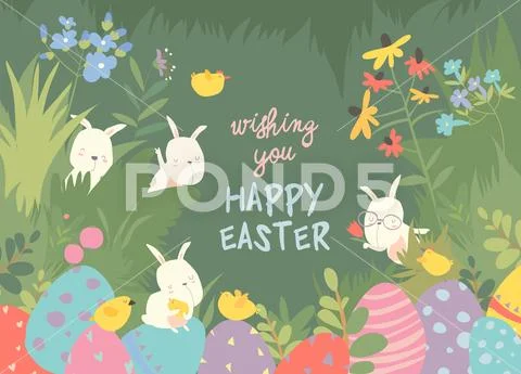 Cute Easter bunnies and easter egg. Happy holidays Stock Illustration