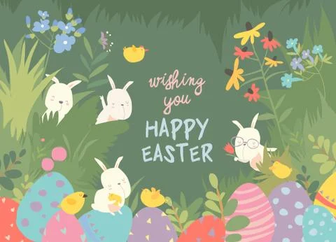 Cute Easter bunnies and easter egg. Happy holidays Stock Illustration