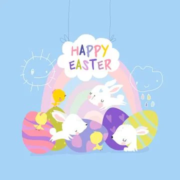 Cute Easter Bunnies and Easter Egg. Happy Holidays Stock Illustration