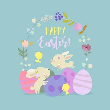 Cute Easter Bunnies and Easter Egg. Happy Holidays Stock Illustration