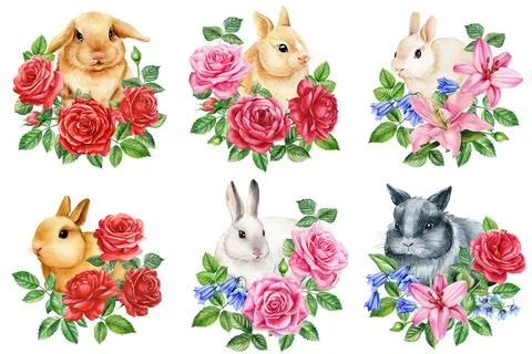 Cute easter bunnies and flowers, watercolor drawing painting. Easter poster with Stock Illustration