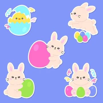 Cute Easter Bunnies with Colorful Eggs and a Hatching Chick on a Blue Backg.. Stock Illustration