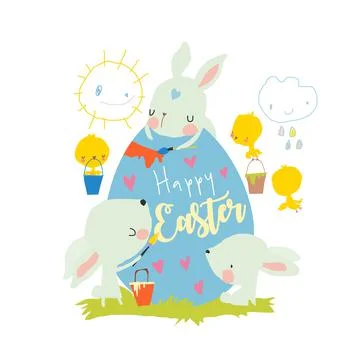 Cute Easter Bunnies coloring Big Easter Egg. Happy Holidays Stock Illustration