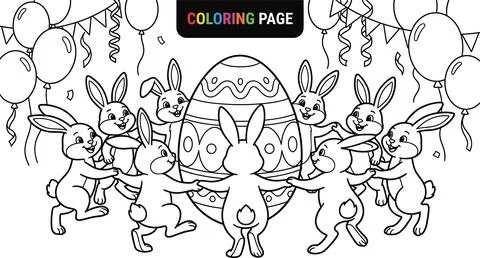 Cute Easter Bunnies Dancing Around a Giant Decorated Egg Coloring Page. Stock Illustration