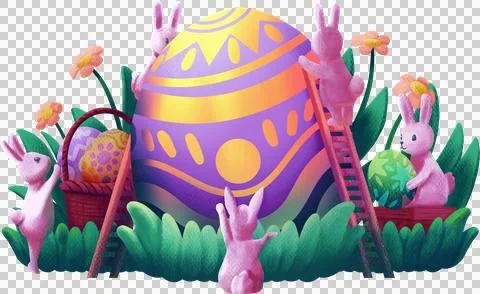 Cute Easter Bunnies Decorating Giant Colorful Egg Stock Illustration