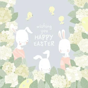 Cute Easter Bunnies with Easter Eggs in Hydrangea Bushes Stock Illustration