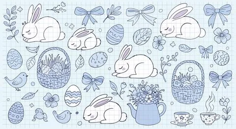 Cute Easter Bunnies, Eggs, Baskets, Birds, Flowers, Bows - Sketch Style Illustration