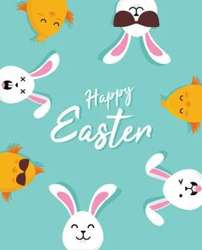 Cute Easter bunnies happy Easter sign- Vector Stock Illustration