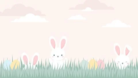 Cute Easter bunnies hiding in the grass next to colorful Easter eggs Stock Illustration
