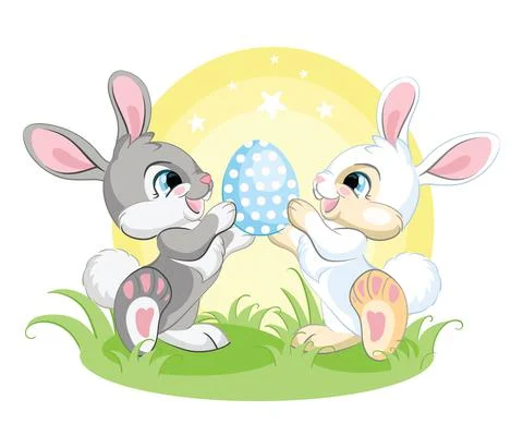 Cute easter bunnies looking at the Easter egg Stock Illustration