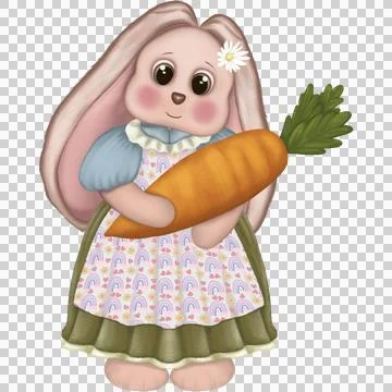 Cute easter bunny and carrot clipart. Watercolor Easter bunny. Stock Illustration
