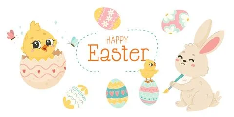 Cute Easter Bunny and Chick with Painted Eggs Stock Illustration