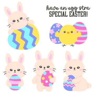 Cute Easter Bunny and Chick with Colorful Painted Eggs Stock Illustration
