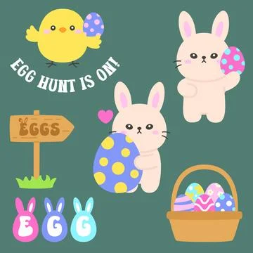Cute Easter Bunny and Chick Egg Hunt with Basket and Festive Spring Decoratio Stock Illustration