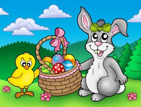 Cute Easter bunny and chicken Stock Illustration