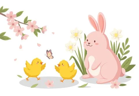 Cute Easter Bunny and Chicks with Spring Flowers and a Butterfly Illustration Stock Illustration