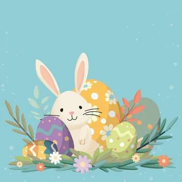 Cute Easter bunny and decorated eggs hand drawn style in the bush Stock Illustration