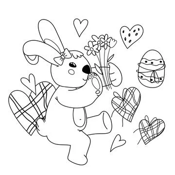 Cute Easter bunny and easter egg for coloring book design, vector isolated. Stock Illustration