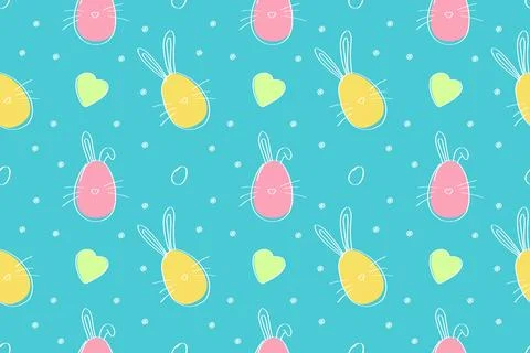 Cute easter bunny and egg pattern with hearts on blue background Stock Illustration