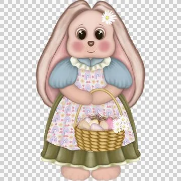 Cute easter bunny and eggs basket. Watercolor Easter bunny illustration. Stock Illustration