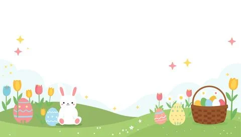 Cute Easter Bunny and Eggs Spring Landscape Background Illustration 库存插图