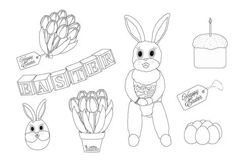 Cute Easter Bunny and Festive Elements Coloring Page Illustrazione stock