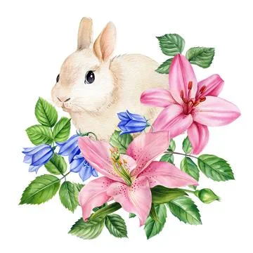 Cute easter bunny and flowers, watercolor drawing painting. Easter poster with Stock Illustration