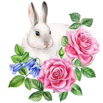 Cute easter bunny and flowers, watercolor drawing painting. Easter poster with Stock Illustration