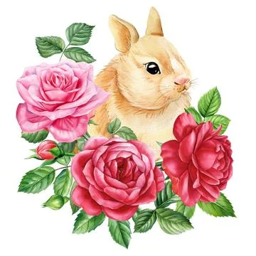 Cute easter bunny and flowers, watercolor drawing illustration. Easter poster Stock Illustration