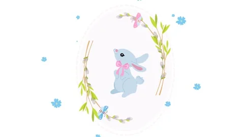 Cute Easter bunny animation watching butterflies in a spring floral frame. Stock Footage 328733931